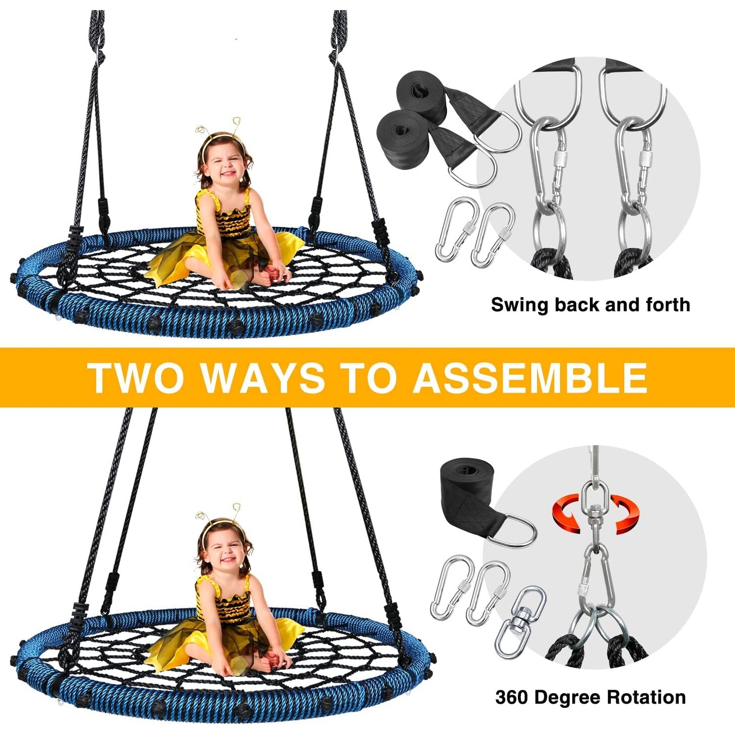 Trekassy Spider Web Tree Swing 45 Inch for Kids Adults with Swivel, Steel Frame and 100lbs Adjustable Ropes-Blue - N/a thumbnail