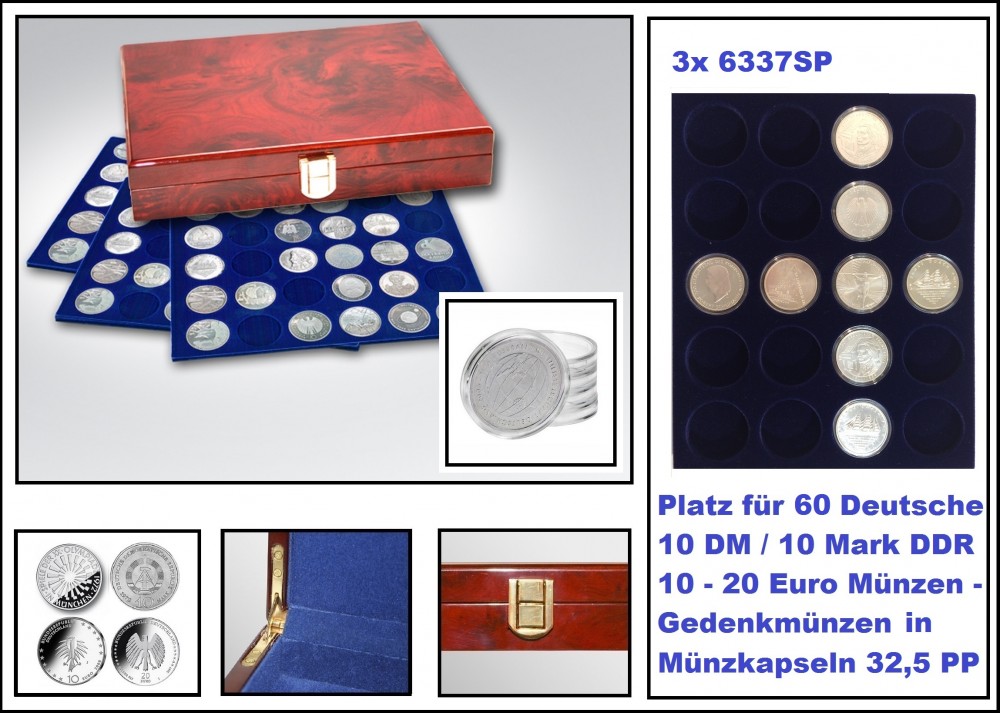 Safe 5797 Premium Wurzelholz Münzkassetten 60x 10 DM-Mark DDR - 10 - 20 Euro in Münzkapseln 32,5 PP