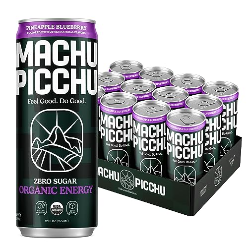 MACHU PICCHU Organic Energy Drink Sugar Free, Pineapple Blueberry Flavor Pack, 12 Fl Oz (Pack of 12) Organic Caffeine Energy Drink, No Preservatives