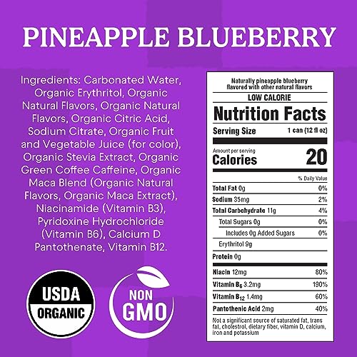 MACHU PICCHU Organic Energy Drink Sugar Free, Pineapple Blueberry Flavor Pack, 12 Fl Oz (Pack of 12) Organic Caffeine Energy Drink, No Preservatives thumbnail