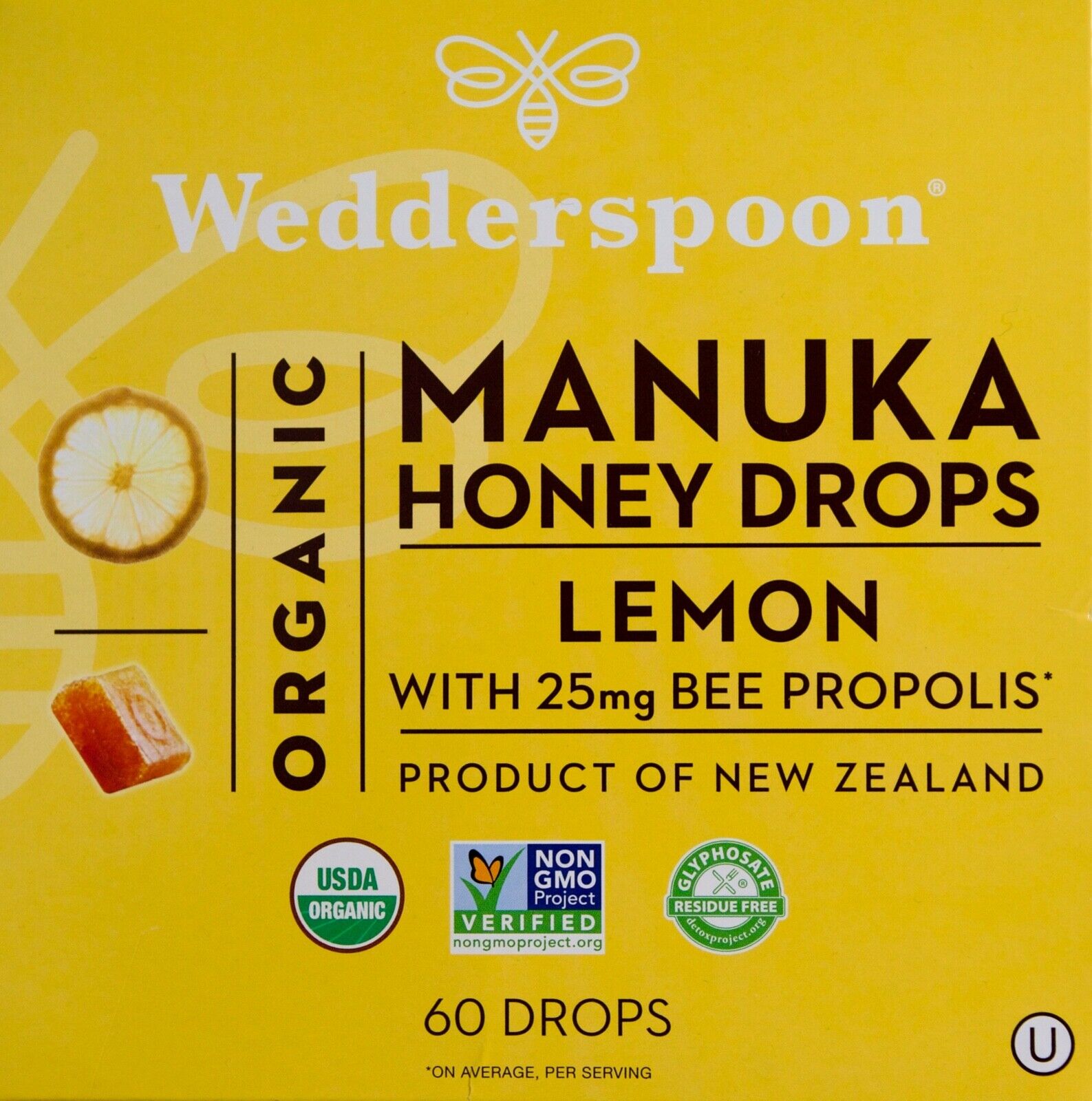 Wedderspoon Organic Manuka Honey Drops  Lemon with 25mg Bee Propolis  Genuine New Zealand Honey  Perfect Remedy for Dry Throats  60 Drops