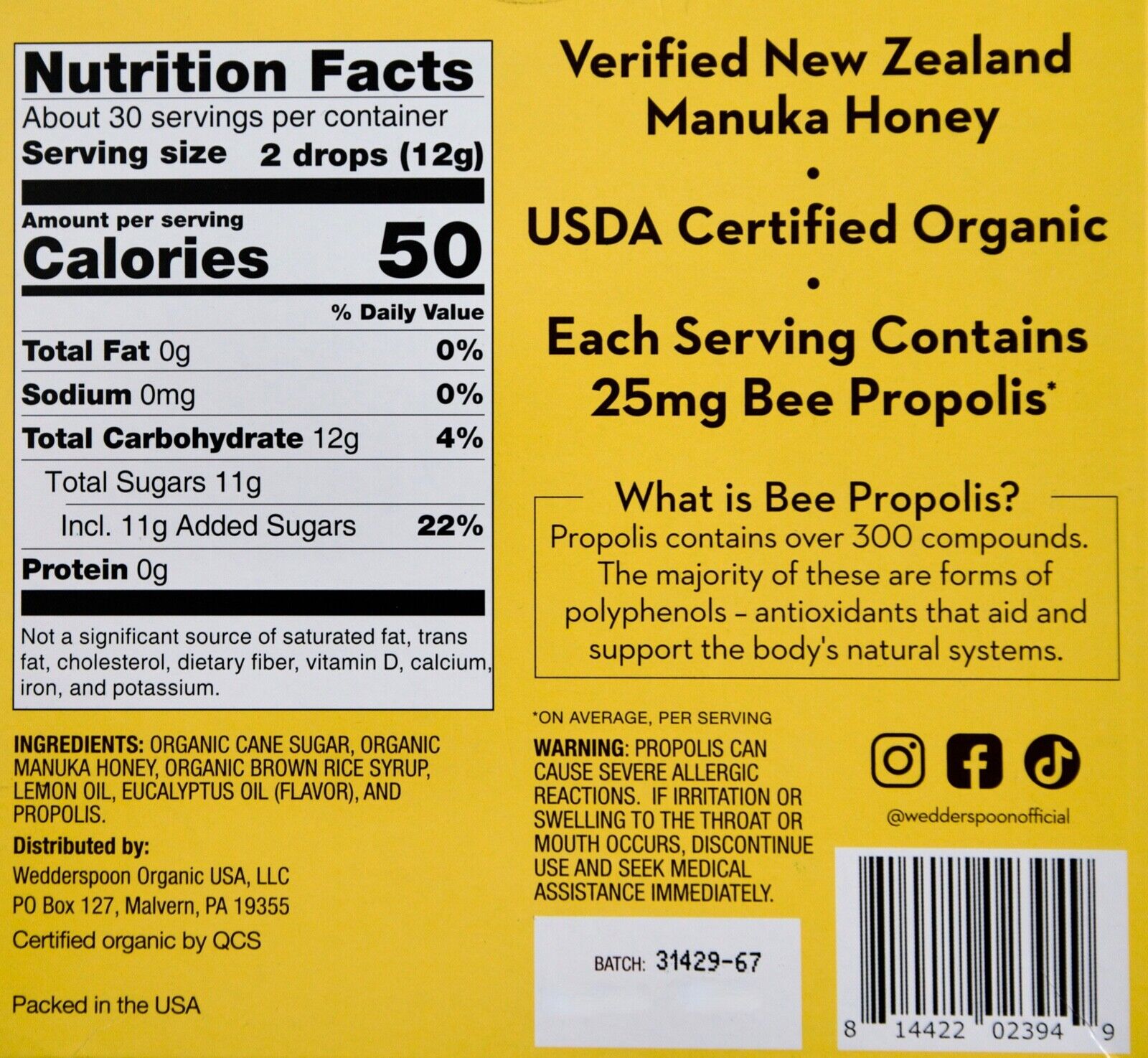 Wedderspoon Organic Manuka Honey Drops  Lemon with 25mg Bee Propolis  Genuine New Zealand Honey  Perfect Remedy for Dry Throats  60 Drops thumbnail