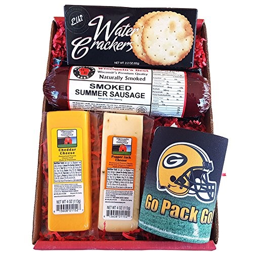 Packers Snacker Gift Basket - Features Smoked Summer Sausages, 100% Wisconsin Cheeses, Crackers And A Packers Coozie