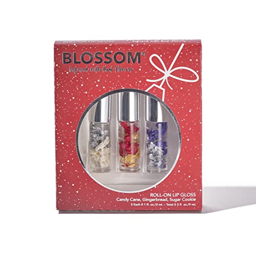 Blossom Scented Roll on Lip Gloss  Infused with Real Flowers  Made in USA  0.3 Fl. Oz./9ml  3 Pack Gift Set  Candy Cane  Gingerbread  Sugar Cookie