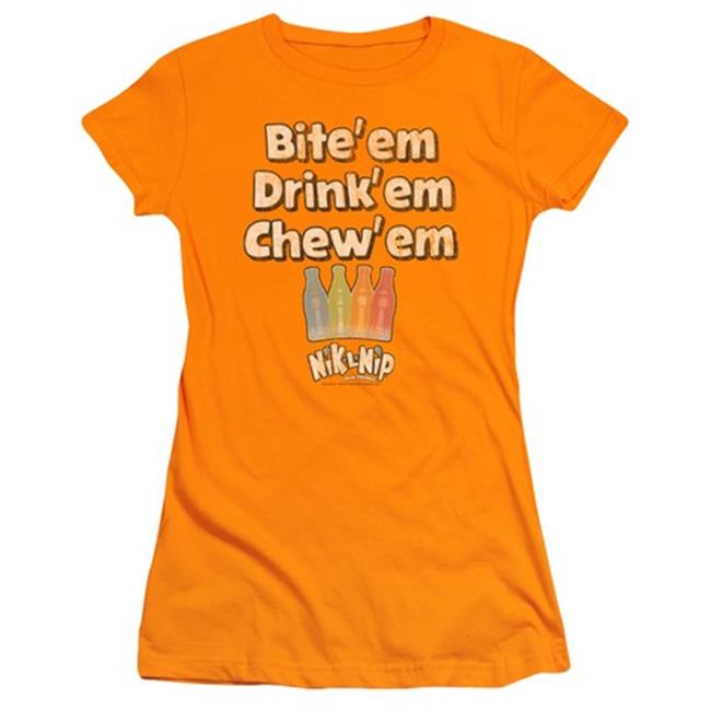Trevco Dubble Bubble-Bite Drink Chew - Short Sleeve Junior Sheer Tee - Orange, Small