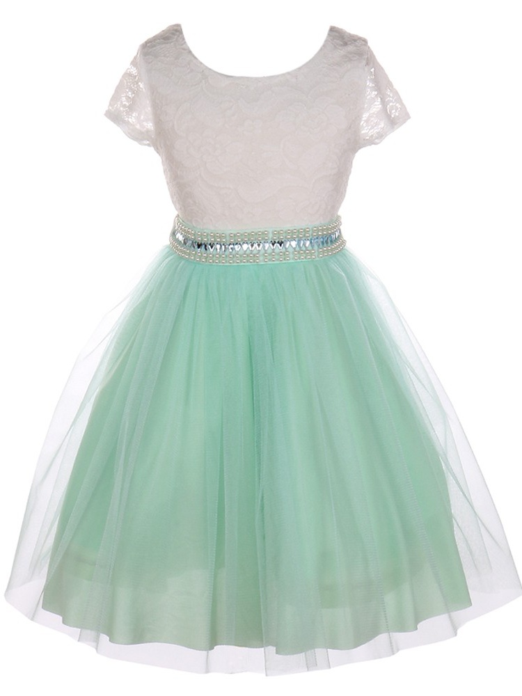 Girls Mint Lace Shiny Tulle Stone Belt Junior Bridesmaid Dress