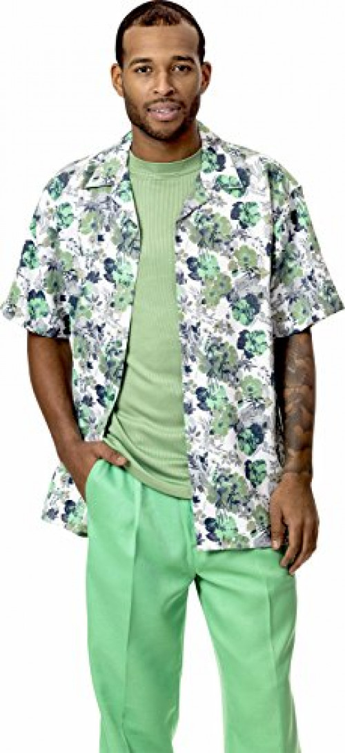 Men's Short Sleeve Floral Print Shirt Walking Suit 1744 (2X42, Green)