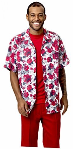 Montique Men's Short Sleeve Floral Print Shirt Walking Suit 1744 (XL40, Red)