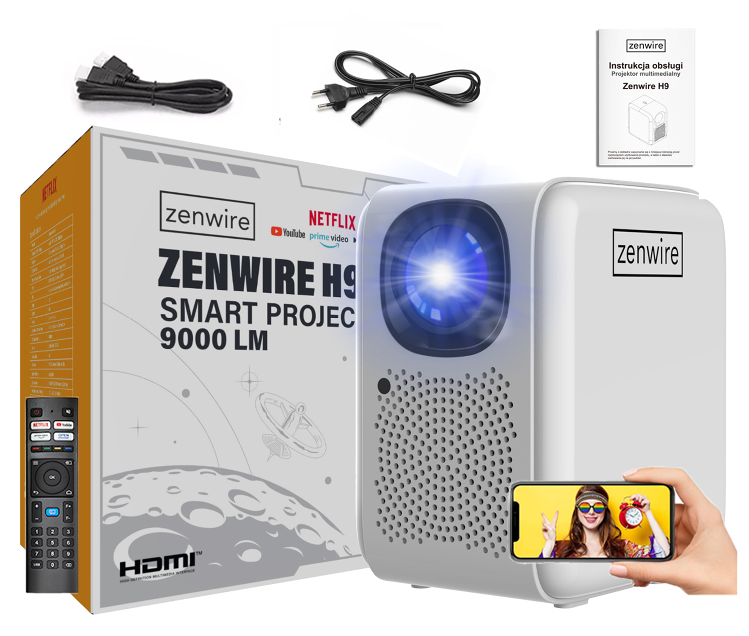 Projektor Rzutnik Full HD 4K 9000lm WiFi LED Przenośny Smart TV Autofocus