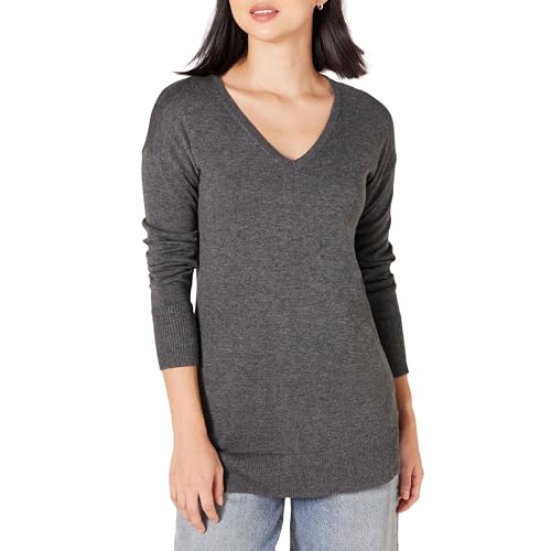 Amazon Essentials Women's Lightweight Long-Sleeve V-Neck Tunic Sweater (Available in Plus Size), Charcoal Heather, X-Large