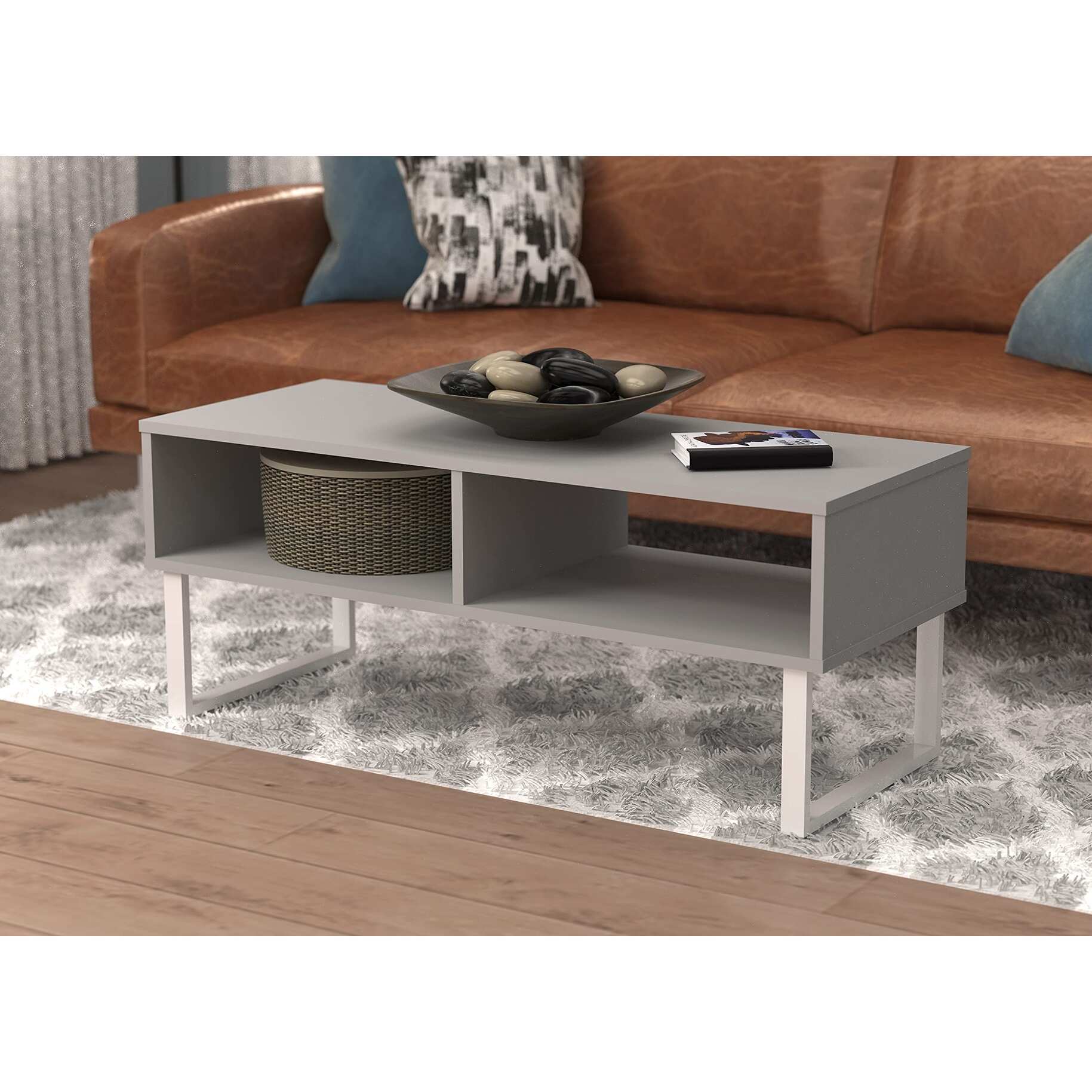 4962 Rectangular Coffee Table with Storage Shelves, Mixed Material, Taupe thumbnail