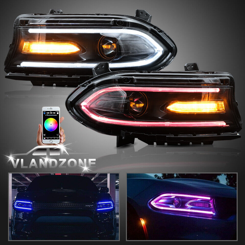Set(2) LED Projector Headlights RGB Color Change for 15-20 Dodge Charger SRT GT