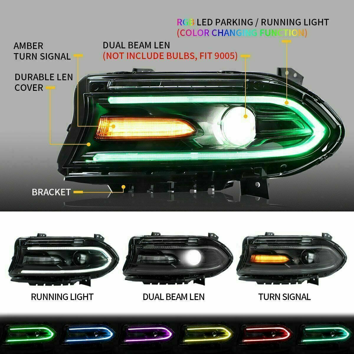 Set(2) LED Projector Headlights RGB Color Change for 15-20 Dodge Charger SRT GT thumbnail