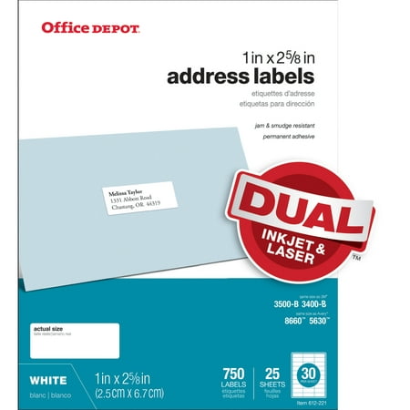 Office Depot Brand Inkjet/Laser Address Labels, Rectangle, 1" X 2 5/8", White, Pack of 750