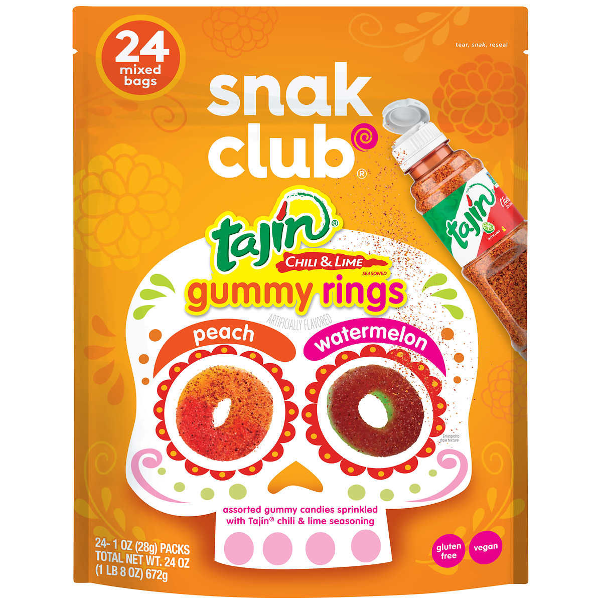 Snak Club Gummy Rings  Peach & Watermelon  Tajin Chile & Lime  1 Ounce (24 Pack)