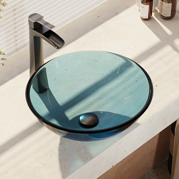 Celeste Colored Glass Vessel Sink with Faucet, Sink Ring, and Pop-up Drain