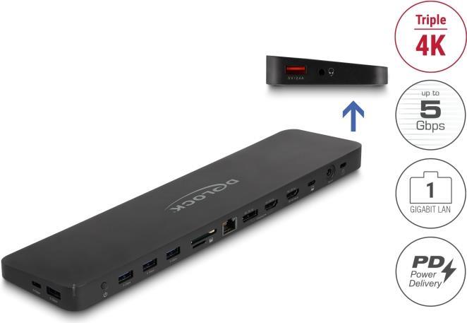 Delock USB Type-C Triple Display Dockingstation Mit DisplayLink 4K / USB 5 Gbps / LAN / SD / Audio / PD 80 W (88050)