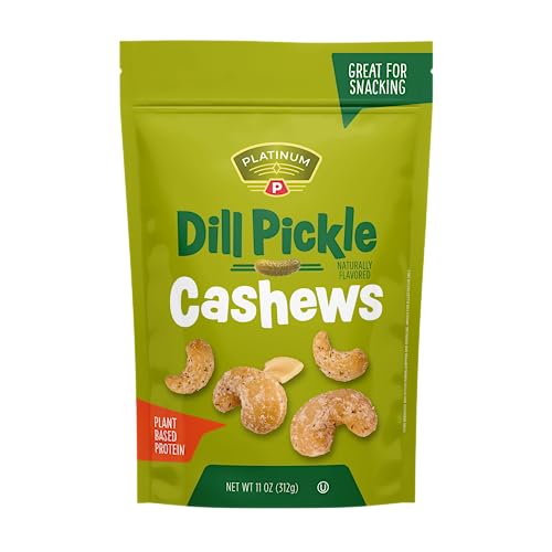 Platinum - Dill Pickle Cashews 11 Oz Resealable Pouch | Seasoned Flavored Whole Cashew Roasted Nuts | Individual Snack Packs for Work, School, Party -