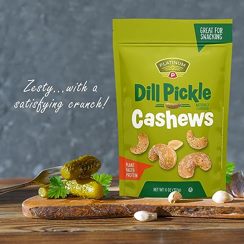 Platinum - Dill Pickle Cashews 11 Oz Resealable Pouch | Seasoned Flavored Whole Cashew Roasted Nuts | Individual Snack Packs for Work, School, Party - thumbnail