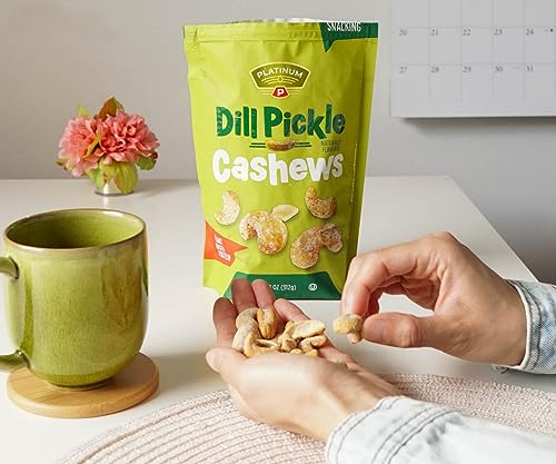 Platinum - Dill Pickle Cashews 11 Oz Resealable Pouch | Seasoned Flavored Whole Cashew Roasted Nuts | Individual Snack Packs for Work, School, Party - thumbnail
