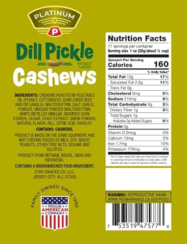 Platinum - Dill Pickle Cashews 11 Oz Resealable Pouch | Seasoned Flavored Whole Cashew Roasted Nuts | Individual Snack Packs for Work, School, Party - thumbnail