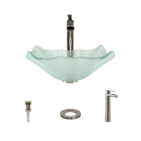 611 Frosted Glass Sink, Brushed Nickel Faucet, Sink Ring, Pop-up Drain