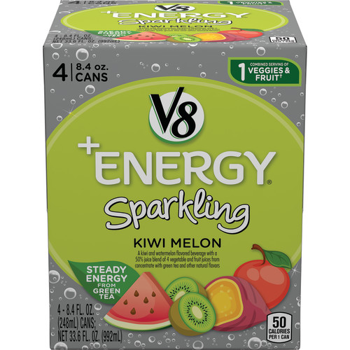 KIWI AND WATERMELON FLAVORED SPARKLING BEVERAGE WITH A 50% JUICE BLEND OF 4 VEGETABLE AND FRUIT JUICES FROM CONCENTRATE WITH GREEN TEA, KIWI MELON