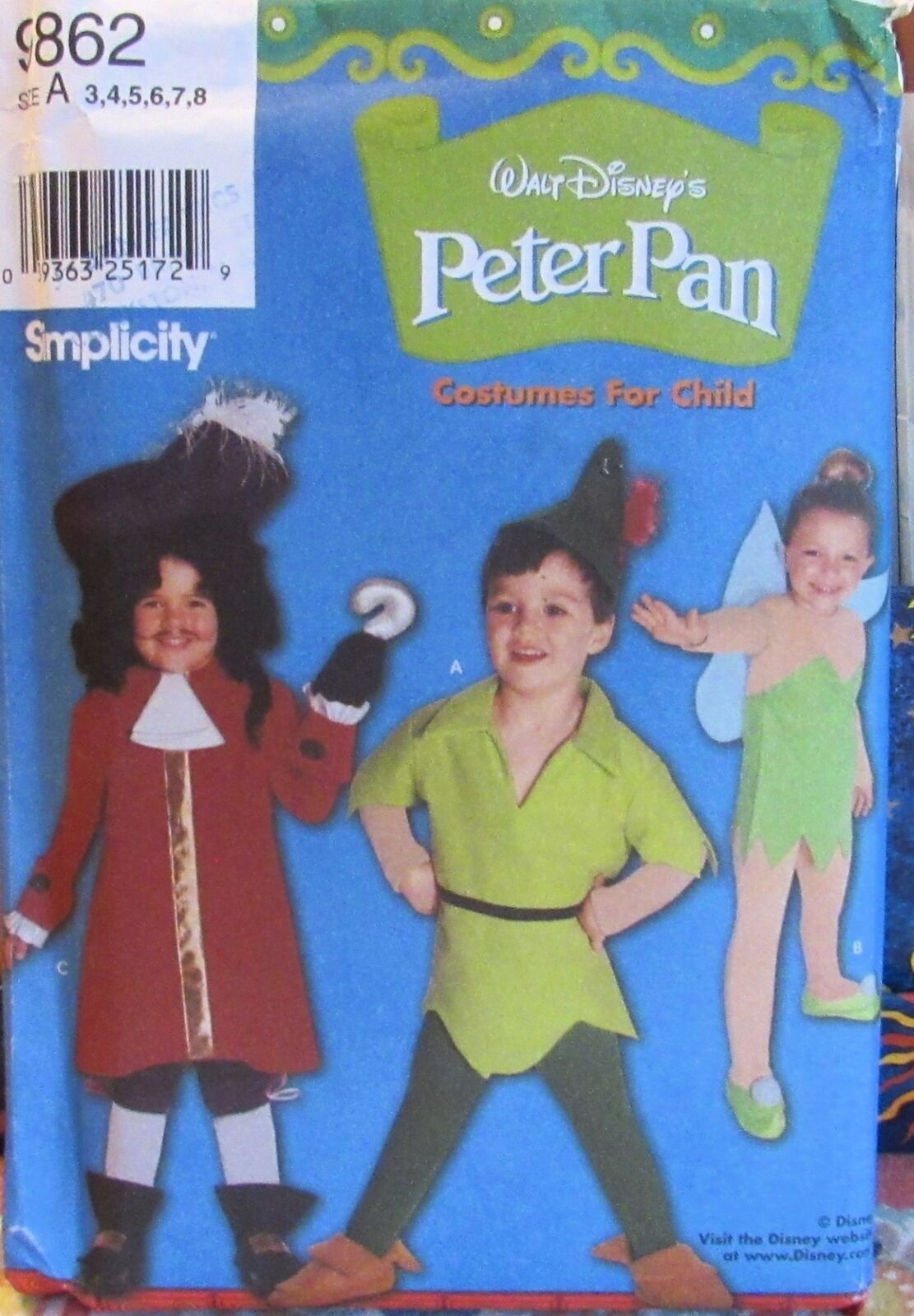 Simplicity 9862 Children 3-8 Halloween Costume PETER PAN Tinkerbell HOOK Pattern