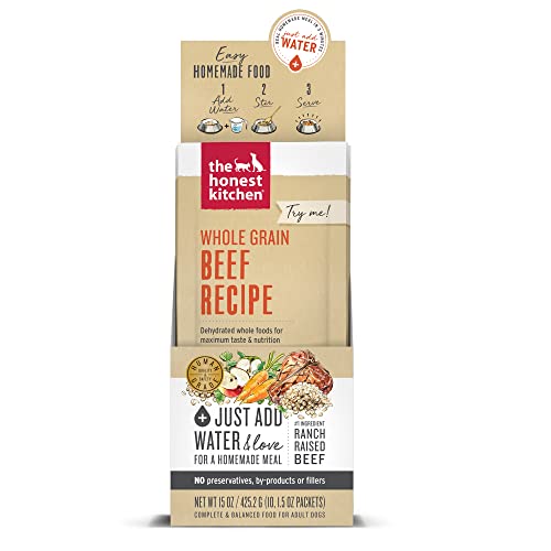 The Honest Kitchen Human Grade Dehydrated Whole Grain Dog Food Complete Meal or Dog Food Topper Beef 10-Pack of 1.5 Oz Sachets