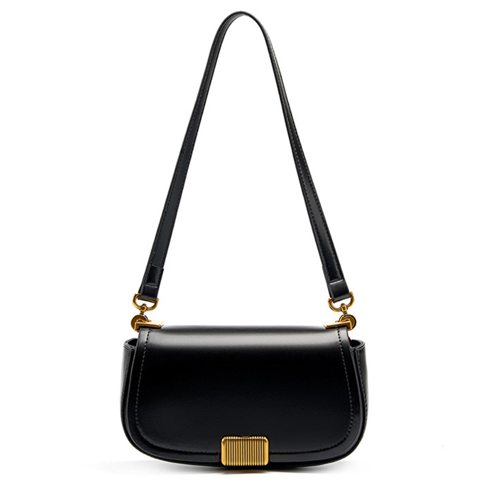 2289 Cowhide Leather Saddle Bag Metal Decor Women Underarm Bag Flap Cover Crossbody Shoulder Bag - Black