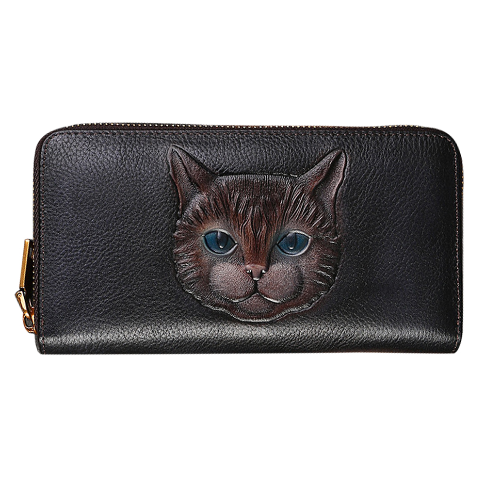 9734 Cat Pattern Cowhide Women Zipper Purse Cards Cash Phone Storage Clutch Bag - Grey