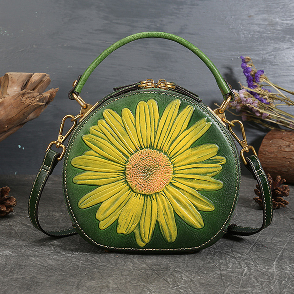 6222 Women Retro Cowhide Leather Crossbody Bag Embossment Flower Shoulder Bag Handbag - Green