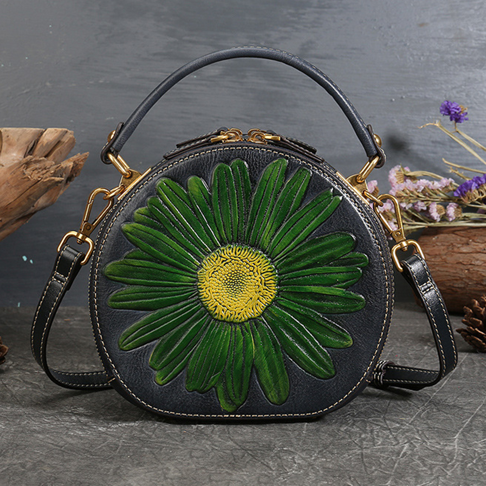 6222 Women Retro Cowhide Leather Crossbody Bag Embossment Flower Shoulder Bag Handbag - Black