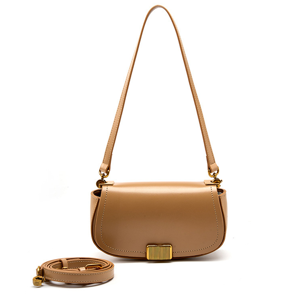 2289 Cowhide Leather Saddle Bag Metal Decor Women Underarm Bag Flap Cover Crossbody Shoulder Bag - Apricot