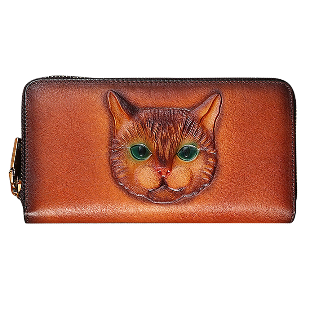9734 Cat Pattern Cowhide Women Zipper Purse Cards Cash Phone Storage Clutch Bag - Brown
