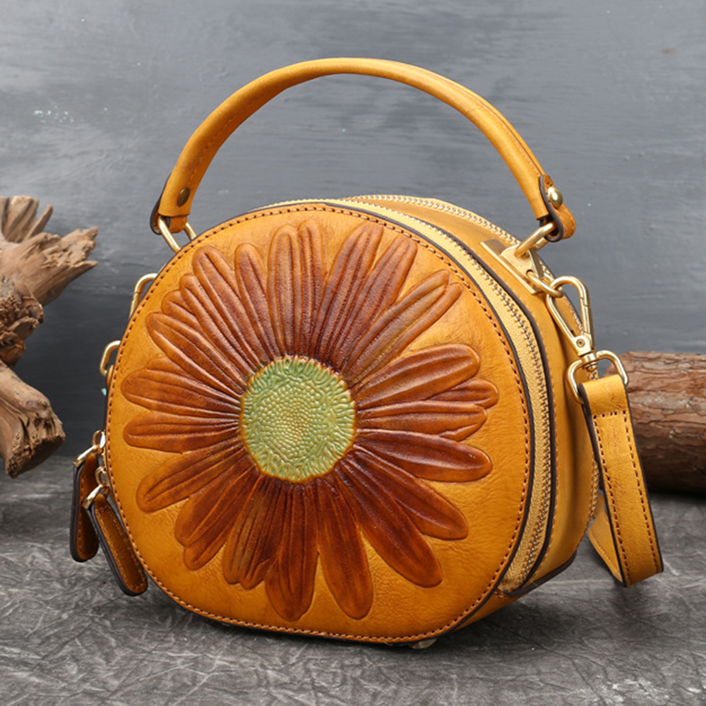 6222 Women Retro Cowhide Leather Crossbody Bag Embossment Flower Shoulder Bag Handbag - Yellow