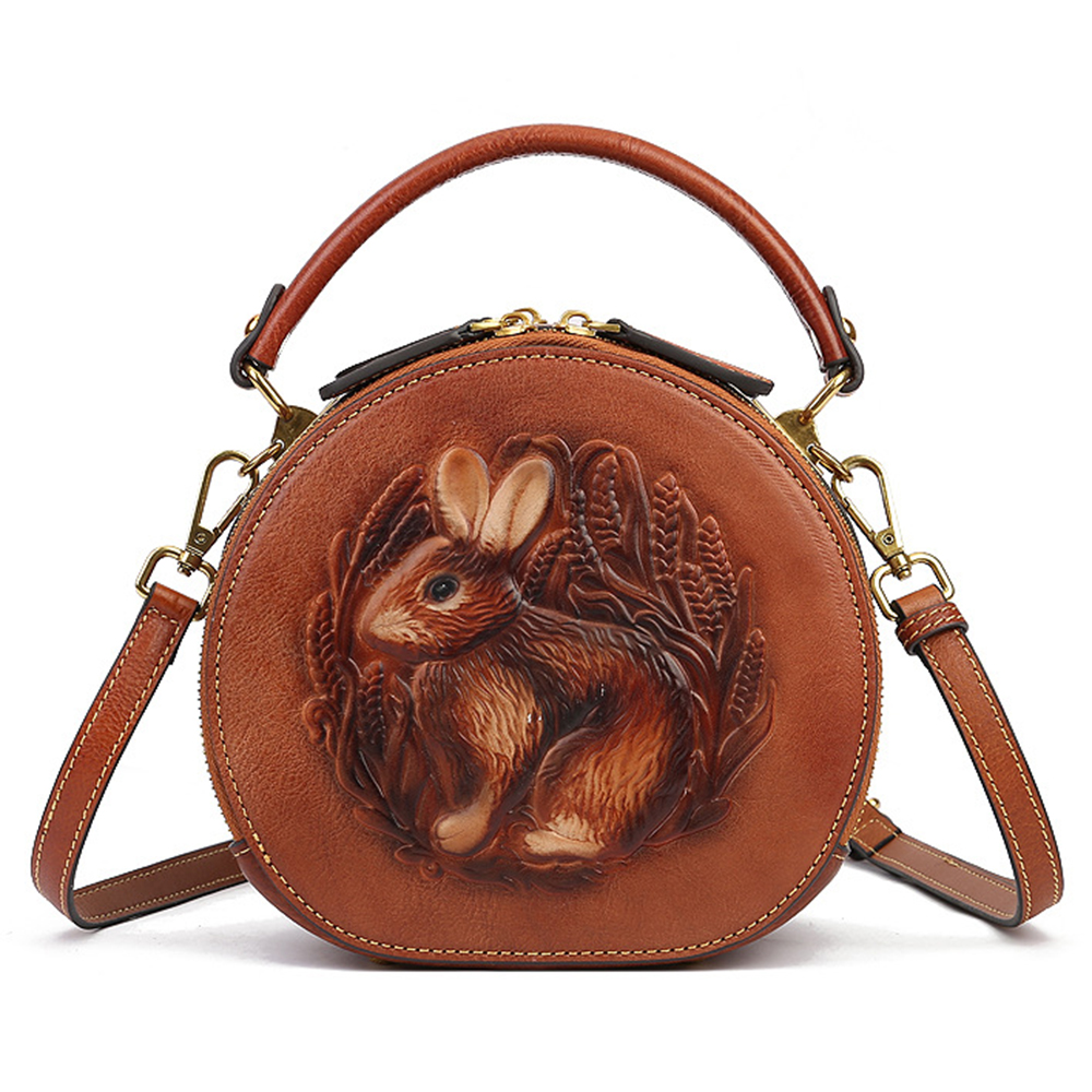 6222 Small Handbag Rabbit Pattern Cowhide Leather Round Bag Crossbody Shoulder Bag - Brown