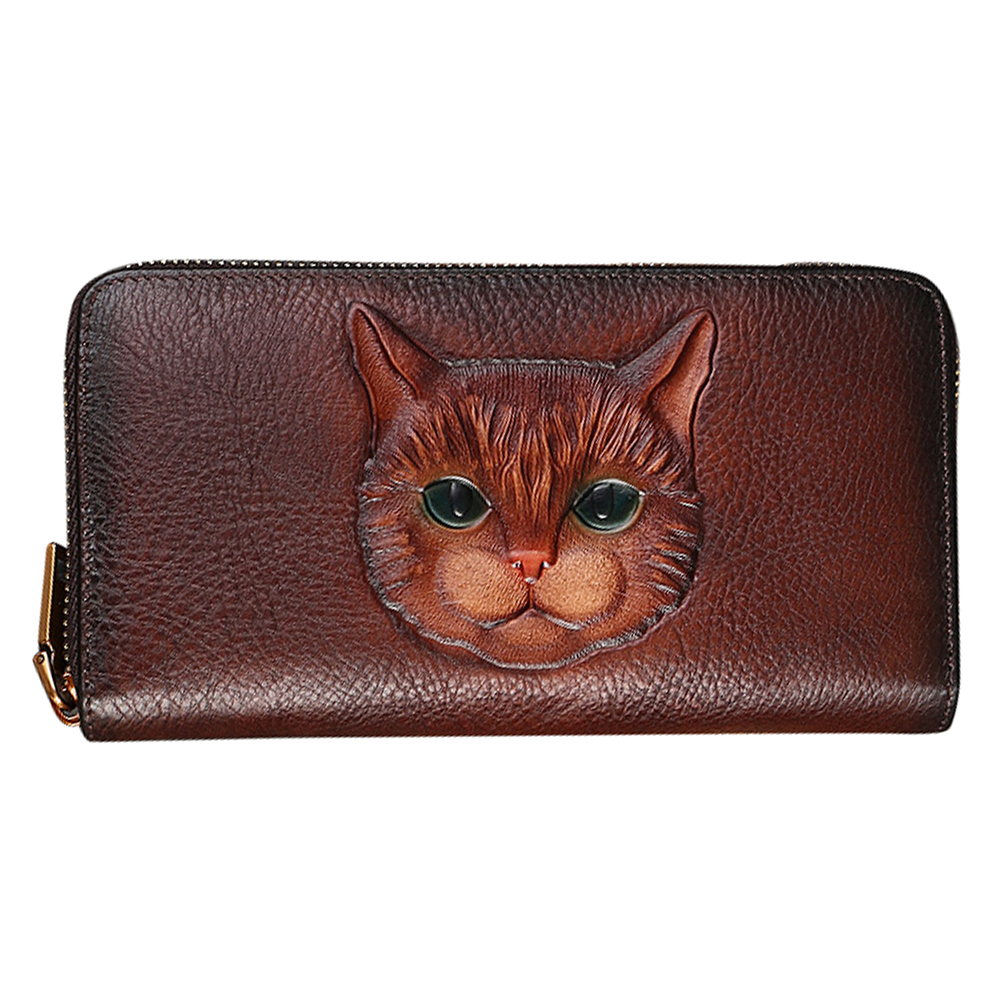 9734 Cat Pattern Cowhide Women Zipper Purse Cards Cash Phone Storage Clutch Bag - Dark Brown