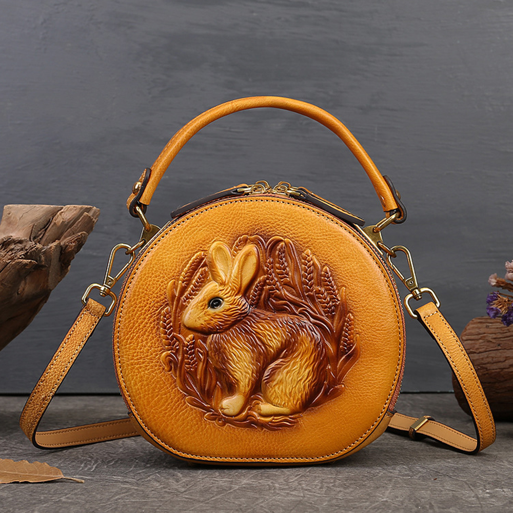 6222 Small Handbag Rabbit Pattern Cowhide Leather Round Bag Crossbody Shoulder Bag - Yellow