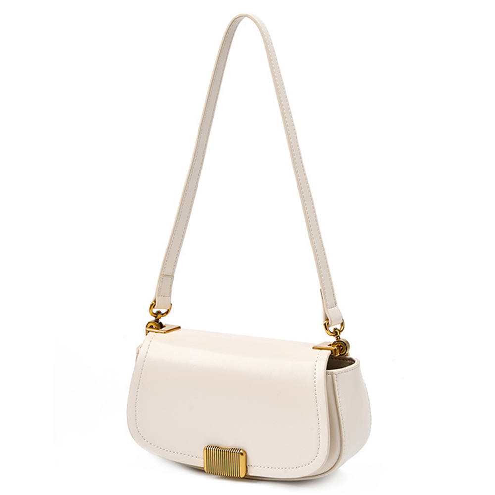 2289 Cowhide Leather Saddle Bag Metal Decor Women Underarm Bag Flap Cover Crossbody Shoulder Bag - Beige