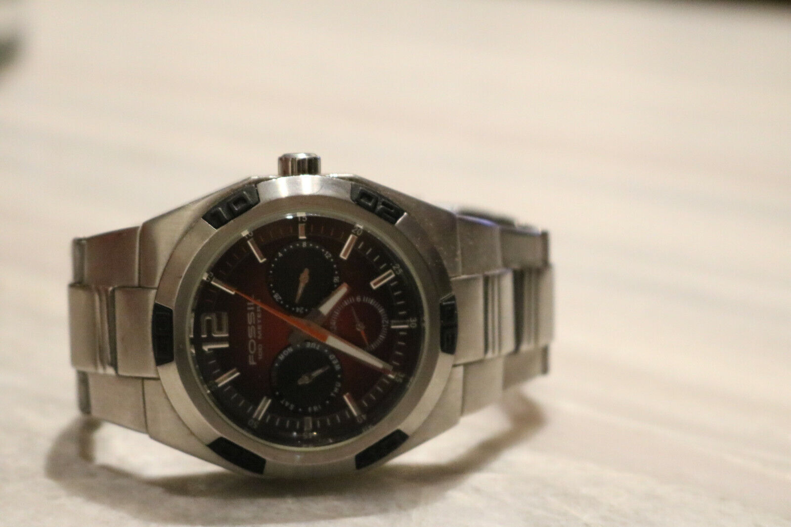 Mens Fossil Blue BQ-9303 Stainless Steel Day Date Watch New Battery