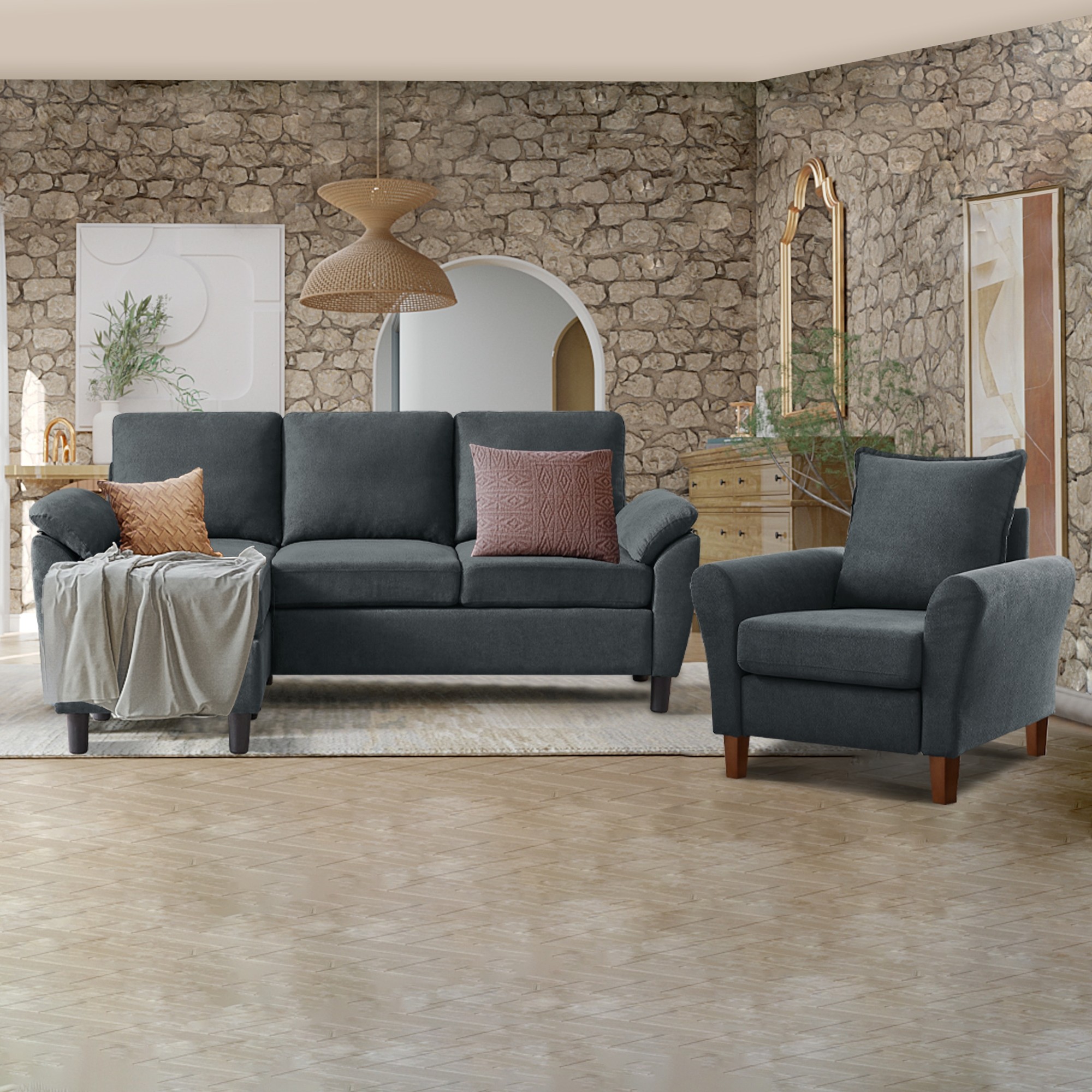 3-Piece Living Room Sectional Sofa Set with Chair and Ottoman Darkgrey