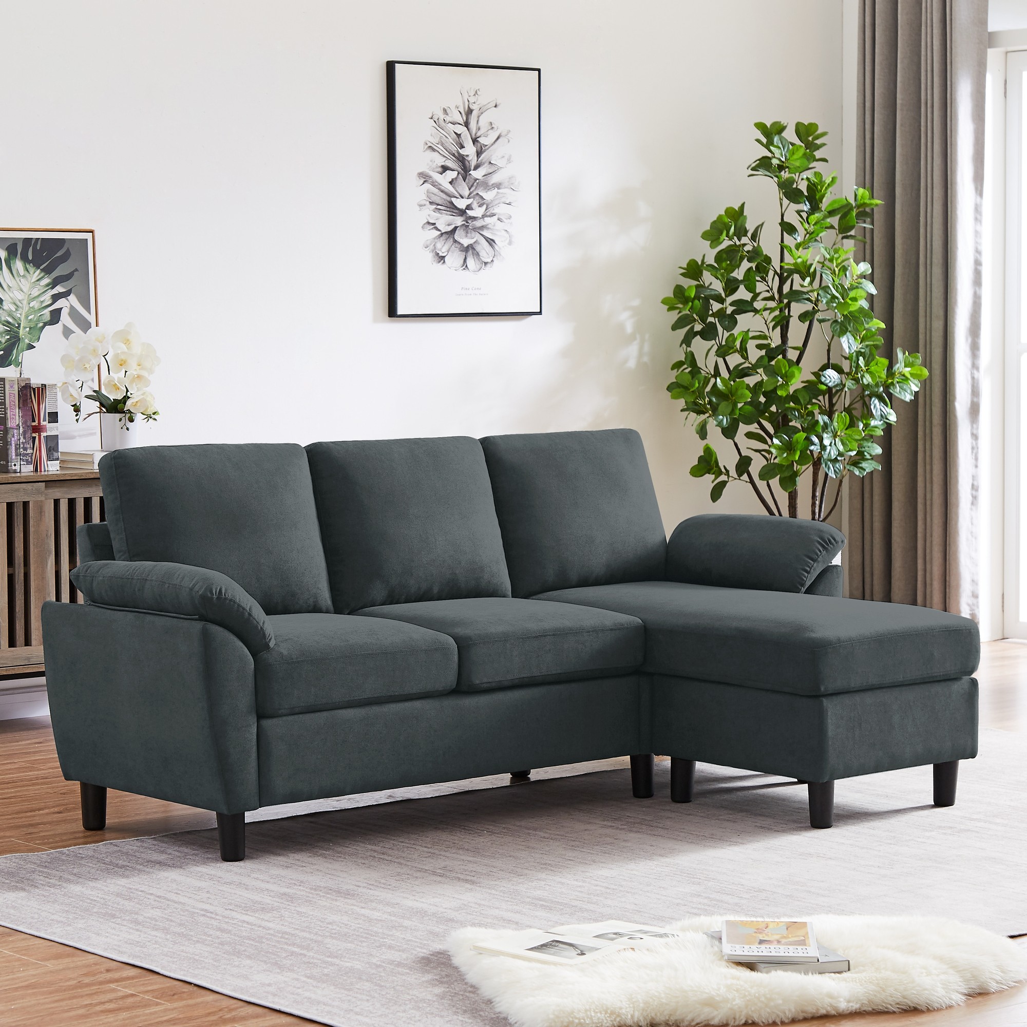 3-Piece Living Room Sectional Sofa Set with Chair and Ottoman Darkgrey thumbnail