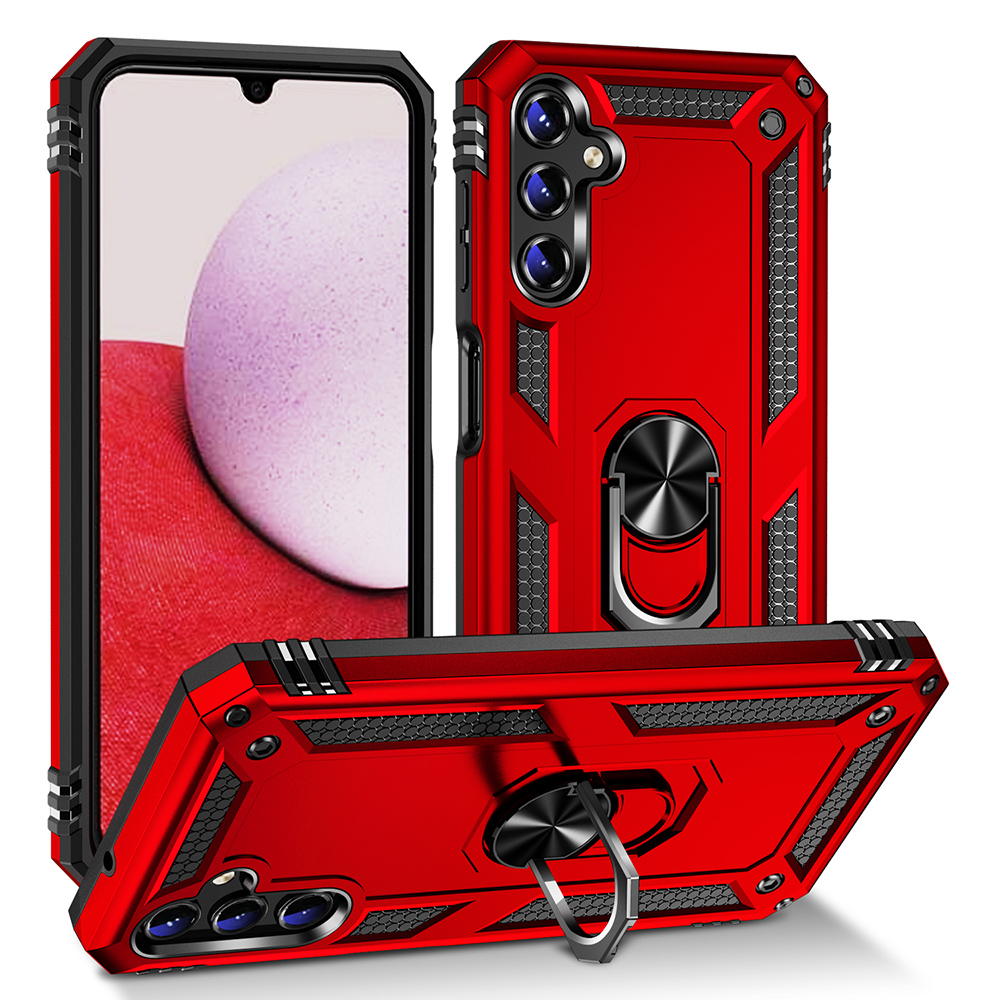 TCASAMA145G-0036-RD Rubberized Hybrid Protective Case with Shock Absorption & Built-in Rotatable Ring Stand for Samsung Galaxy A14 4G & 5G - Red