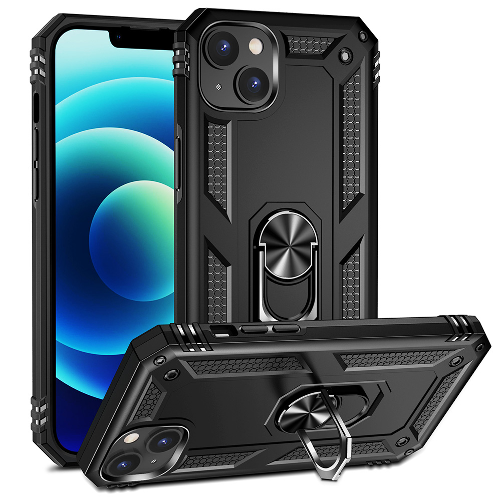 TCAIP15-0036-BK 6.1 in. Rubberized Hybrid Protective Case with Shock Absorption & Built-in Rotatable Ring Stand for iPhone 15 - Black