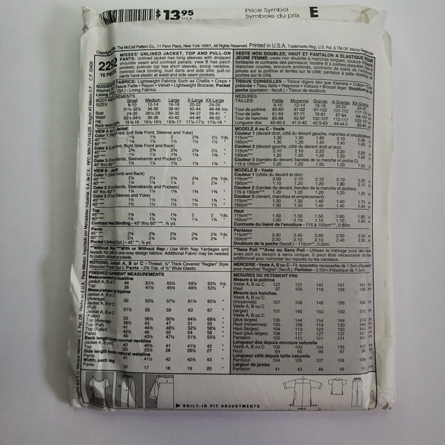 McCalls 2292 Women Long Jacket Cover-up Top Pull-on Pants Pattern Sz 24-26 Uncut thumbnail