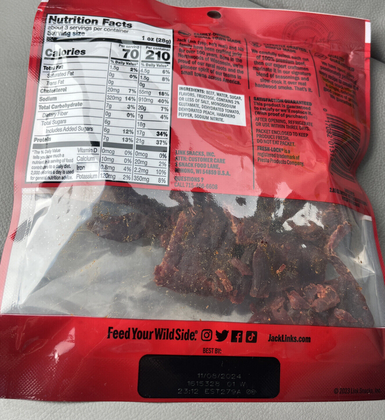 Jack Link’s Smokin’ Hot Peach Steak Strips  100% Beef  7g of Protein per Serving  2.85 Oz Bag thumbnail