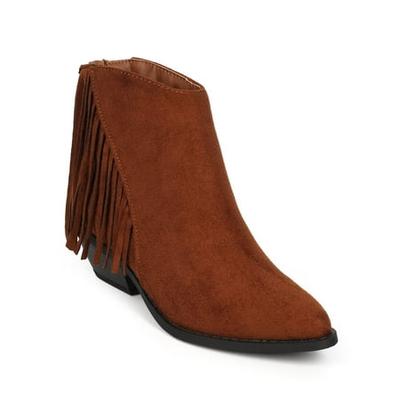 Women Suede Pointy Toe Fringe Chunky Heel Ankle Bootie CI89