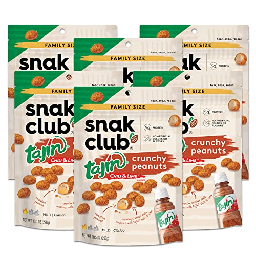 Snak Club Tajin Crunchy Peanuts, Mild Chili & Lime Flavor, Zesty Spicy Snacks, 10.5oz Resealable Bag (Pack of 6)