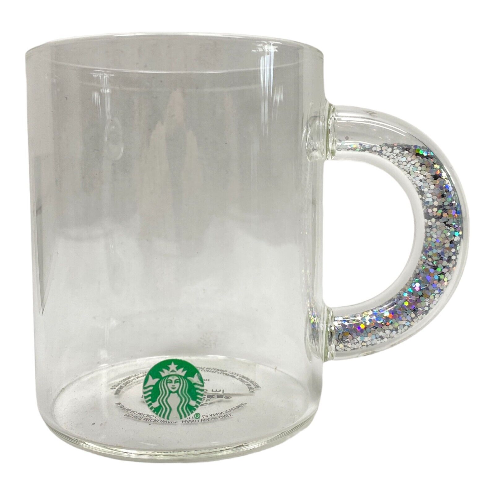 Starbucks 12 Oz Mug Clear Glass SILVER Glitter Handle Holiday Collection 2019